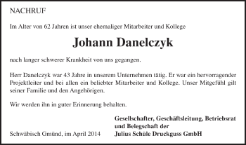 Traueranzeige von Johann Danelczyk von Gmünder Tagespost