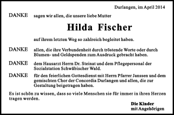 Traueranzeige von Hilda Fischer von Gmünder Tagespost