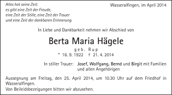 Traueranzeige von Berta Maria Hägele von Schwäbische Post