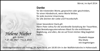 Traueranzeige von Helene Hieber von Schwäbische Post