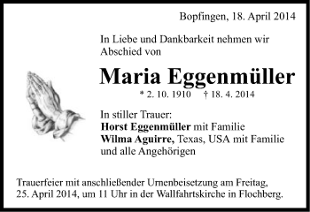 Traueranzeige von Maria Eggenmüller von Schwäbische Post