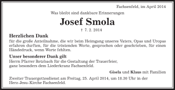 Traueranzeige von Josef Smola von Schwäbische Post
