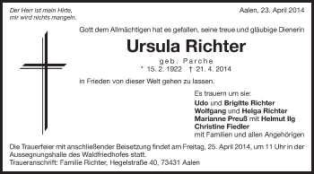 Traueranzeige von Ursula Richter von Schwäbische Post