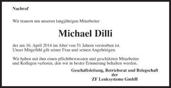 Traueranzeige von Michael Dilli von Gmünder Tagespost
