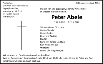 Traueranzeige von Peter Abele von Schwäbische Post
