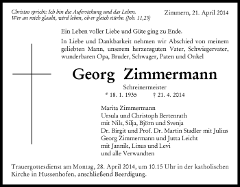 Traueranzeige von Georg Zimmermann von Gmünder Tagespost
