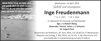 Traueranzeige von Inge Freudenmann von Schwäbische Post