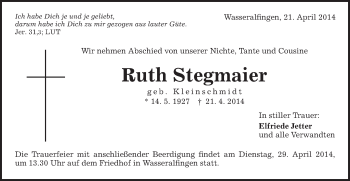 Traueranzeige von Ruth Stegmaier von Schwäbische Post