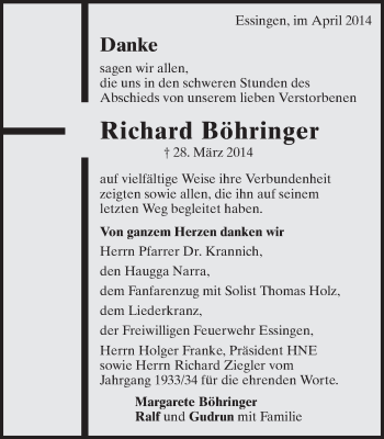 Traueranzeige von Richard Böhringer von Schwäbische Post