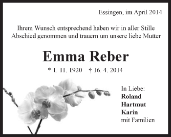 Traueranzeige von Emma Reber von Schwäbische Post