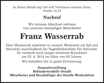 Traueranzeige von Franz Wasserrab von Schwäbische Post