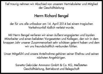 Traueranzeige von Richard Bengel von Gmünder Tagespost