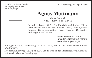 Traueranzeige von Agnes Mettmann von Schwäbische Post