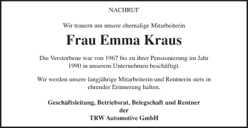 Traueranzeige von Emma Kraus von Gmünder Tagespost