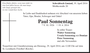 Traueranzeige von Paul Sonnentag von Gmünder Tagespost