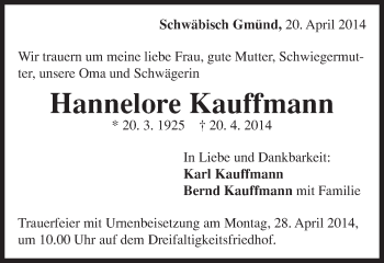 Traueranzeige von Hannelore Kauffmann von Gmünder Tagespost