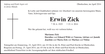 Traueranzeige von Erwin Zick von Schwäbische Post