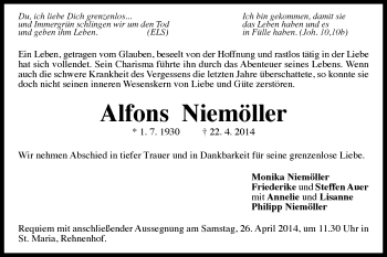 Traueranzeige von Alfons Niemöller von Gmünder Tagespost