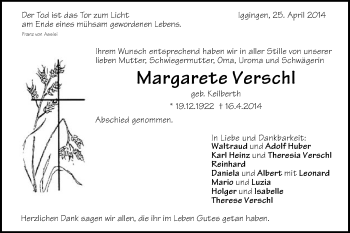 Traueranzeige von Margarete Verschl von Gmünder Tagespost