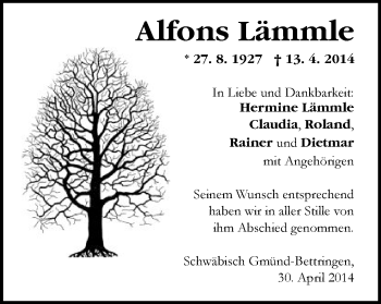 Traueranzeige von Alfons Lämmle von Gmünder Tagespost