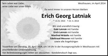 Traueranzeige von Erich Georg Latniak von Schwäbische Post