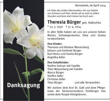 Traueranzeige von Theresia Bürger von Schwäbische Post