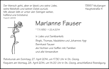 Traueranzeige von Marianne Fauser von Gmünder Tagespost