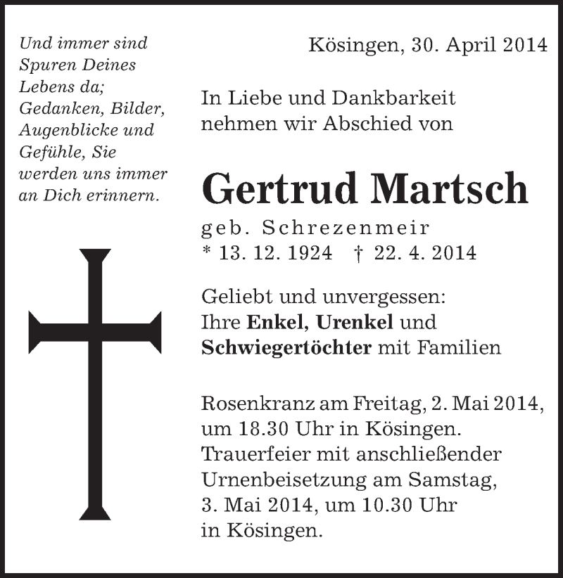  Traueranzeige für Gertrud Martsch vom 30.04.2014 aus Schwäbische Post