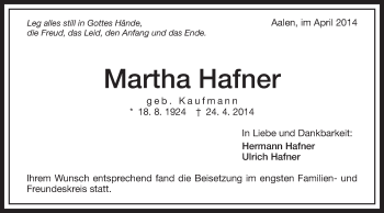 Traueranzeige von Martha Hafner von Schwäbische Post