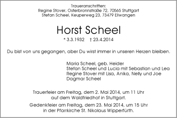 Traueranzeige von Horst Scheel von Schwäbische Post