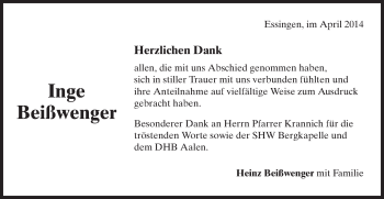 Traueranzeige von Inge Beißwenger von Schwäbische Post