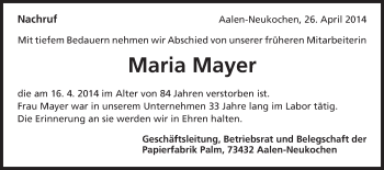 Traueranzeige von Maria Mayer von Schwäbische Post