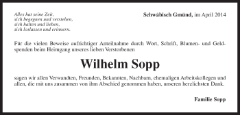 Traueranzeige von Wilhelm Sopp von Gmünder Tagespost