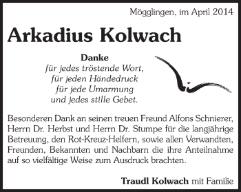 Traueranzeige von Arkadius Kolwach von Gmünder Tagespost