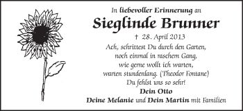 Traueranzeige von Sieglinde Brunner von Schwäbische Post