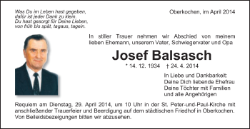 Traueranzeige von Josef Balsasch von Schwäbische Post