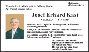Traueranzeige von Josef Erhard Kast von Gmünder Tagespost