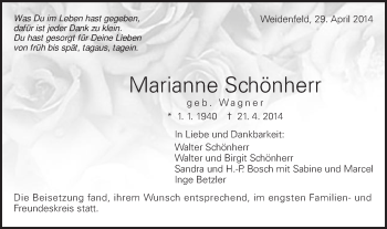 Traueranzeige von Marianne Schönherr von Schwäbische Post