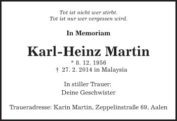 Traueranzeige von Karl-Heinz Martin von Schwäbische Post