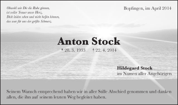 Traueranzeige von Anton Stock von Schwäbische Post