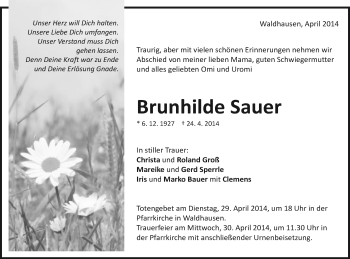 Traueranzeige von Brunhilde Sauer von Schwäbische Post