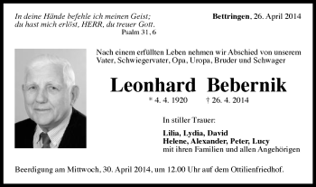 Traueranzeige von Leonhard Bebernik von Gmünder Tagespost