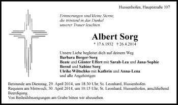 Traueranzeige von Albert Sorg von Gmünder Tagespost