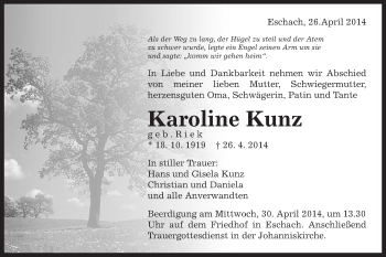 Traueranzeige von Karoline Kunz von Gmünder Tagespost