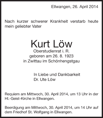 Traueranzeige von Kurt Löw von Schwäbische Post