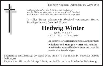 Traueranzeige von Hedwig Winter von Schwäbische Post