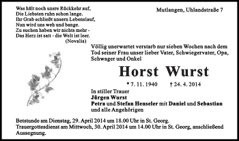 Traueranzeige von Horst Wurst von Gmünder Tagespost