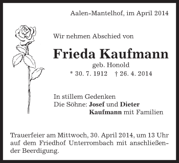 Traueranzeige von Frieda Kaufmann von Schwäbische Post