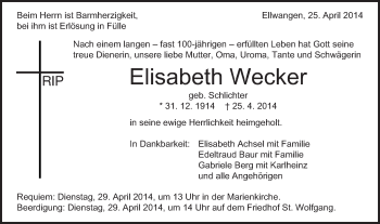 Traueranzeige von Elisabeth Wecker von Schwäbische Post