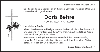 Traueranzeige von Doris Behre von Schwäbische Post
